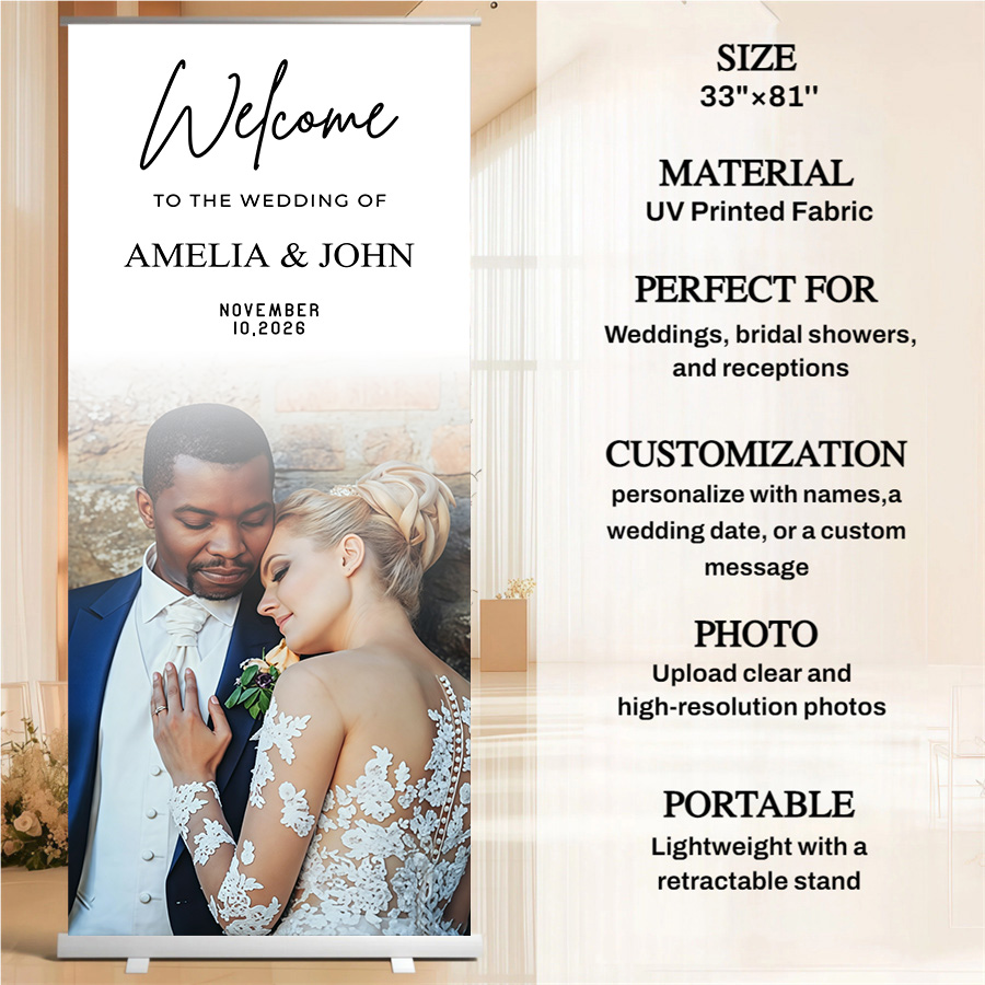 Customized wedding retractable banners - personalized photo wedding welcome signs, reception decorations and background curtains